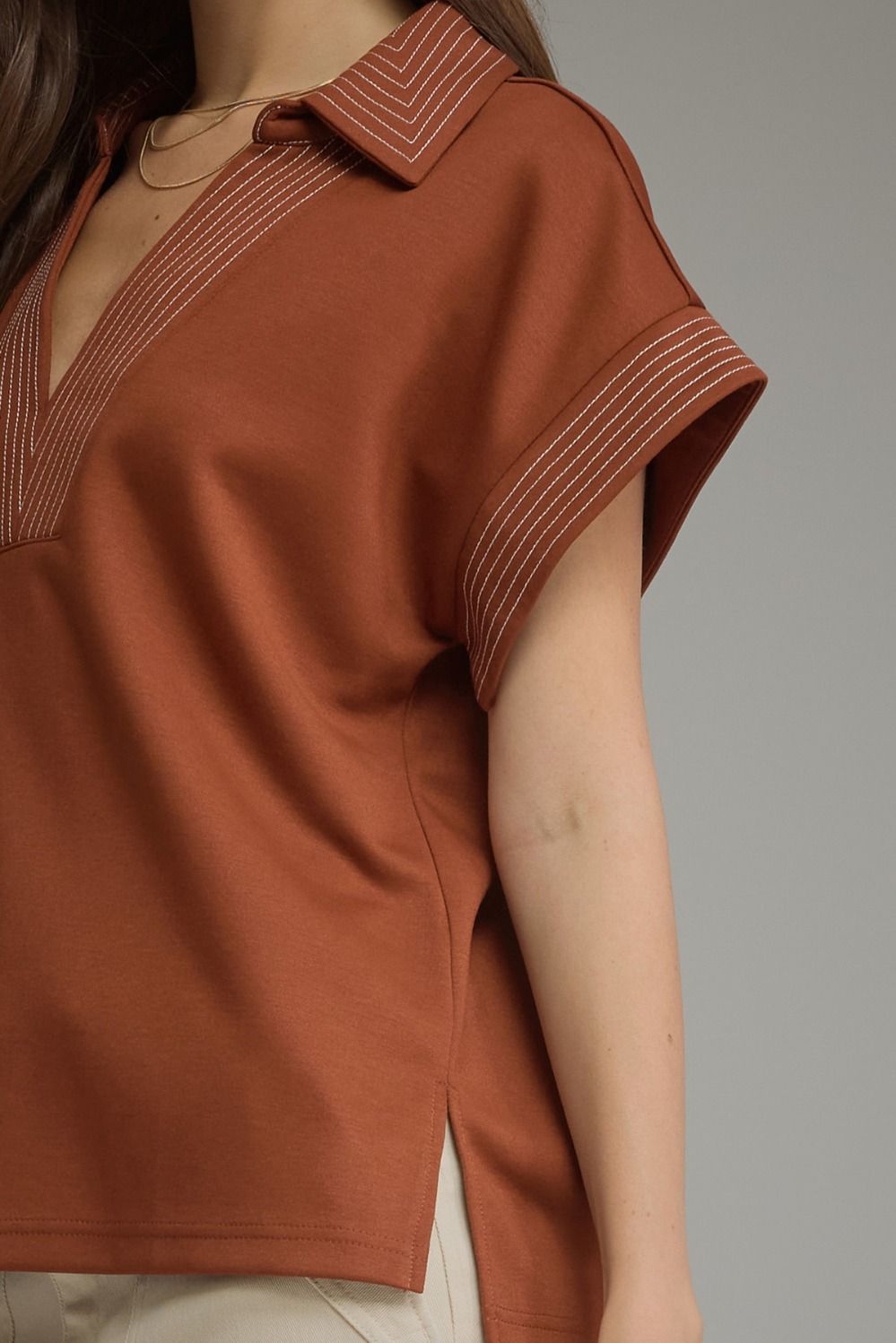 Contrast Stitching Top Burnt Orange