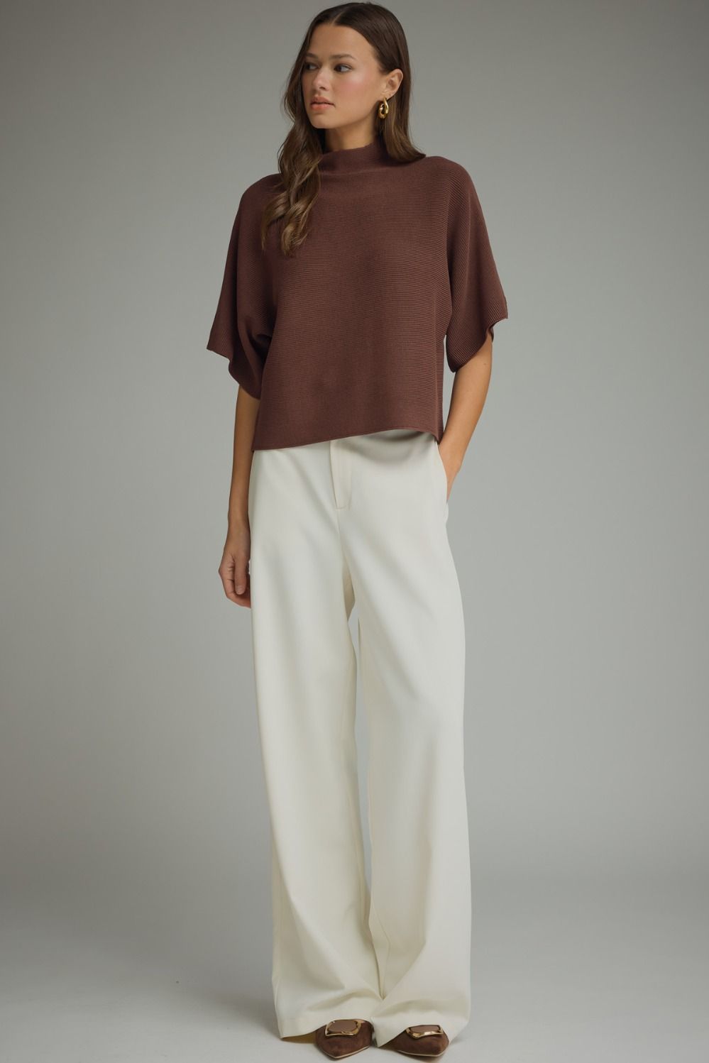 Mock Neck Crop Sweater w/Dolman Sleeves - Brown