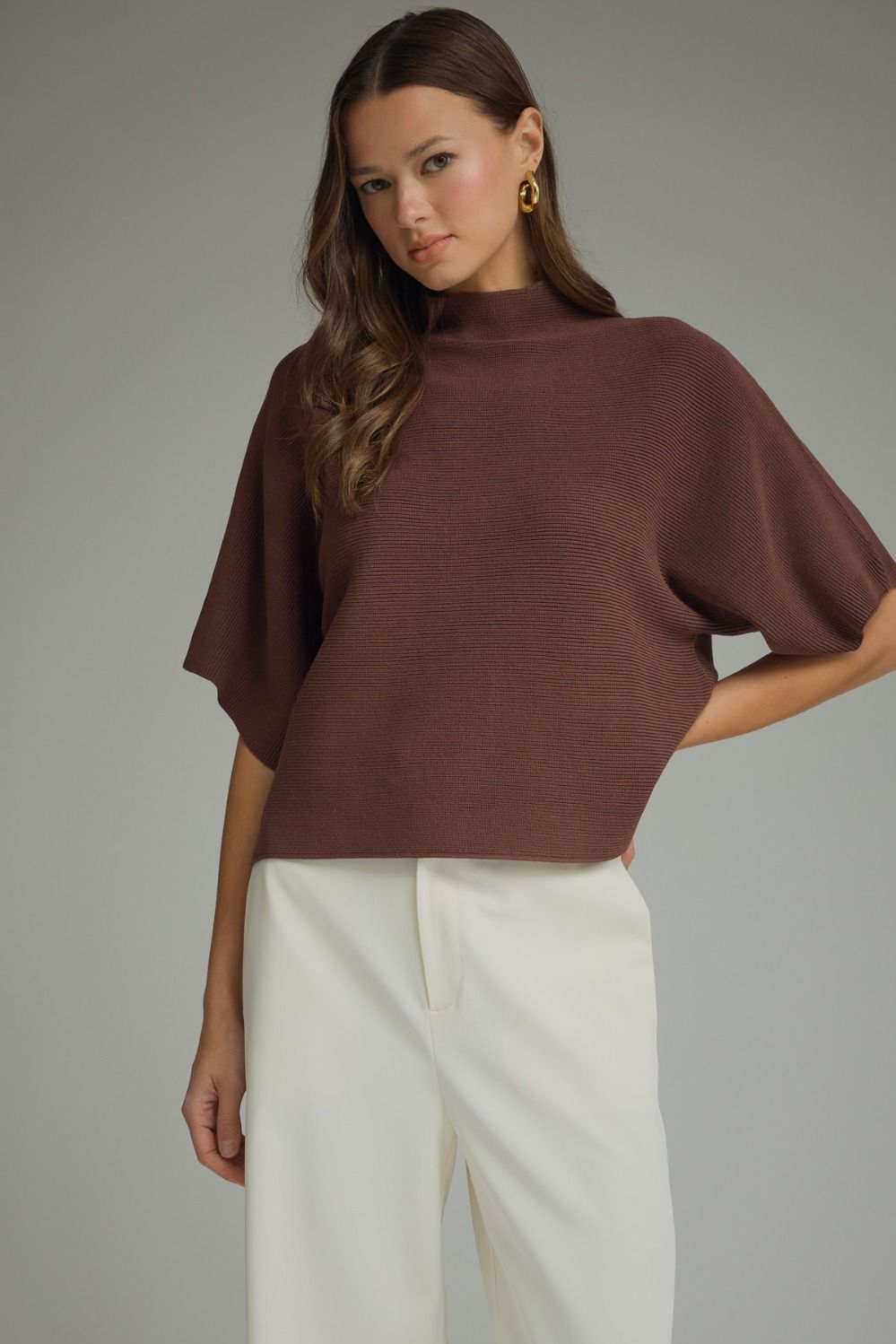 Mock Neck Crop Sweater w/Dolman Sleeves - Brown
