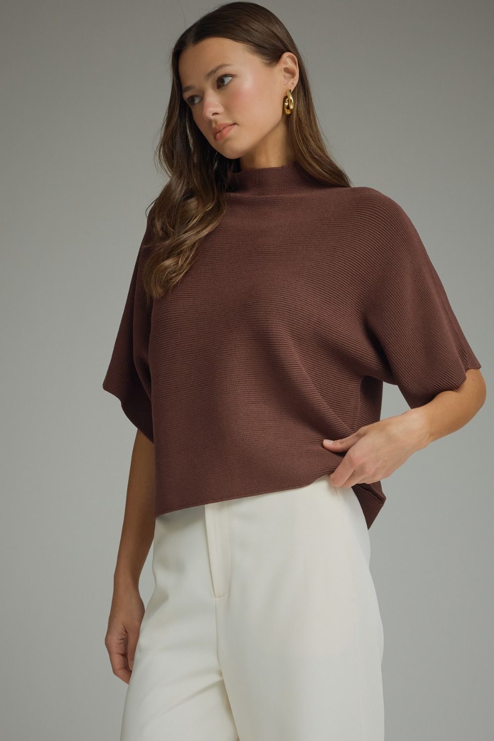 Mock Neck Crop Sweater w/Dolman Sleeves - Brown