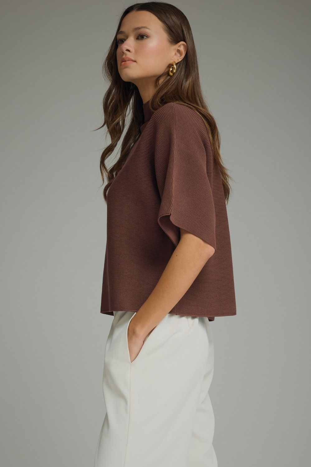 Mock Neck Crop Sweater w/Dolman Sleeves - Brown