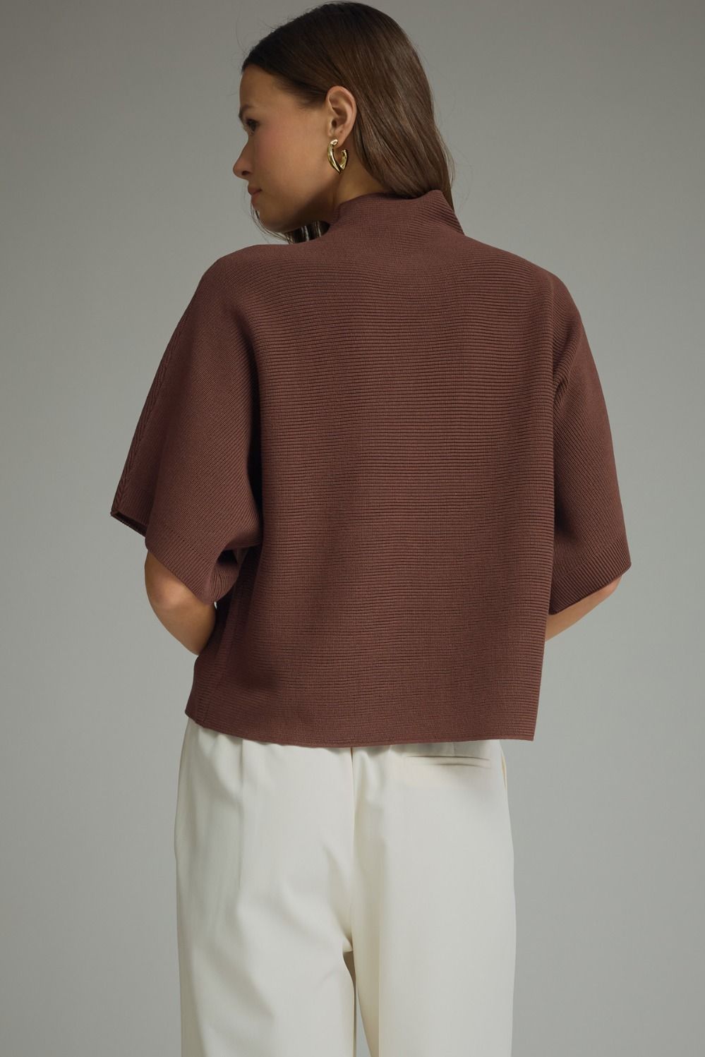 Mock Neck Crop Sweater w/Dolman Sleeves - Brown