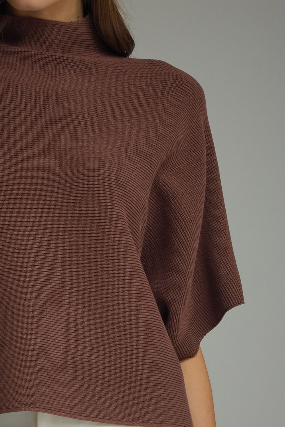 Mock Neck Crop Sweater w/Dolman Sleeves - Brown
