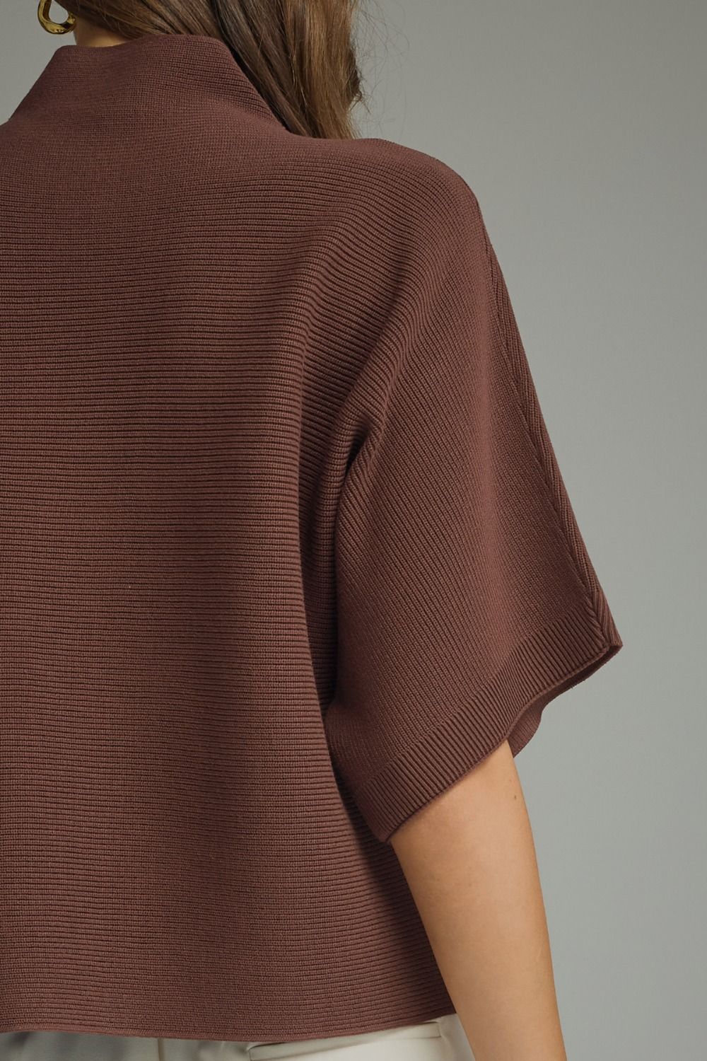 Mock Neck Crop Sweater w/Dolman Sleeves - Brown