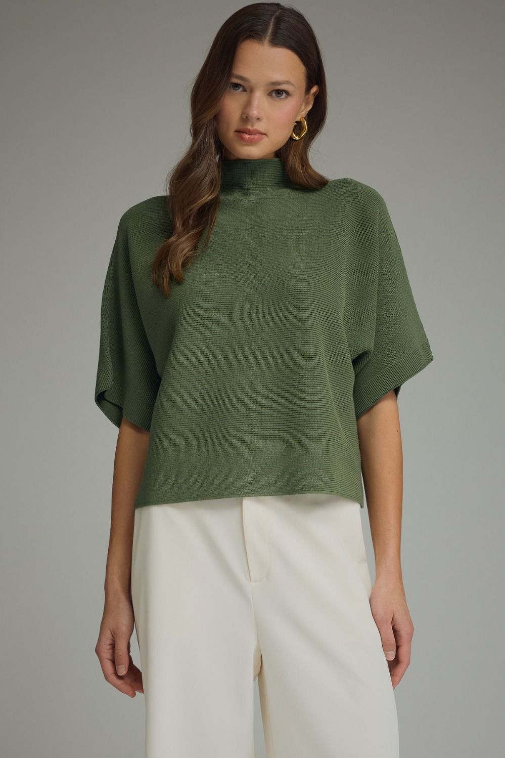 Mock Neck Crop Sweater w/Dolman Sleeves - Olive
