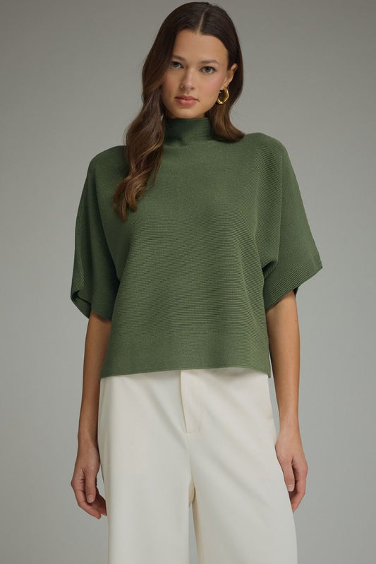 Mock Neck Crop Sweater w/Dolman Sleeves - Olive