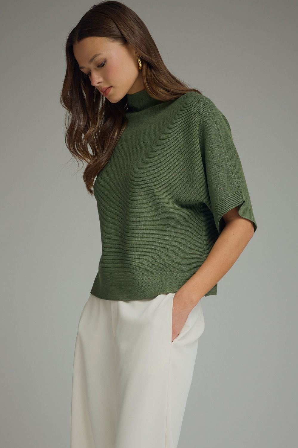 Mock Neck Crop Sweater w/Dolman Sleeves - Olive