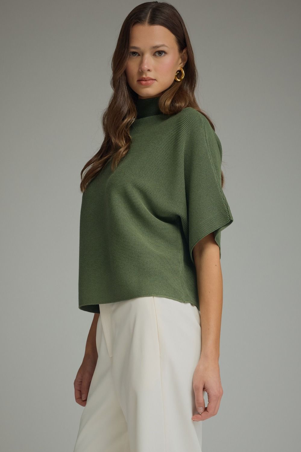 Mock Neck Crop Sweater w/Dolman Sleeves - Olive
