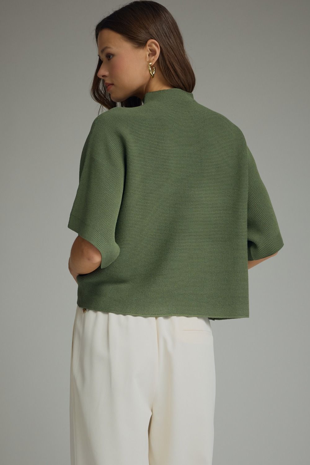 Mock Neck Crop Sweater w/Dolman Sleeves - Olive