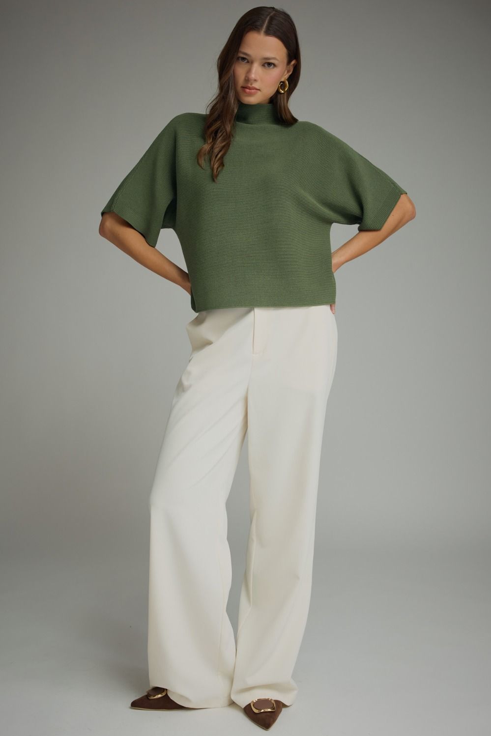 Mock Neck Crop Sweater w/Dolman Sleeves - Olive