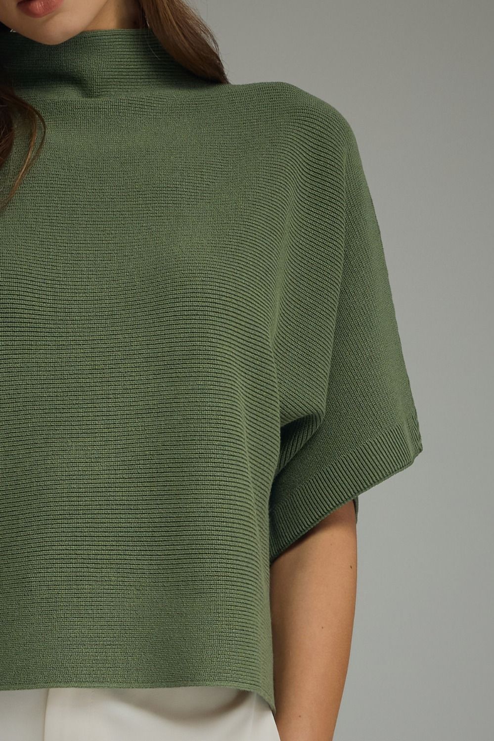 Mock Neck Crop Sweater w/Dolman Sleeves - Olive
