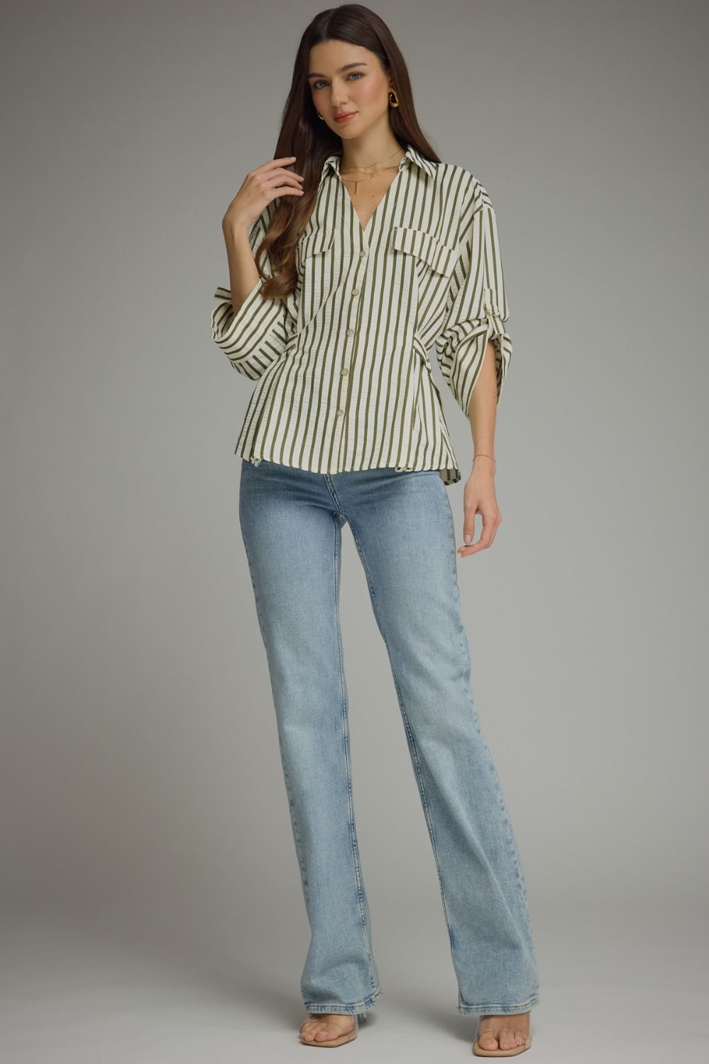 Green Stripe Adjustable Waist Button Down