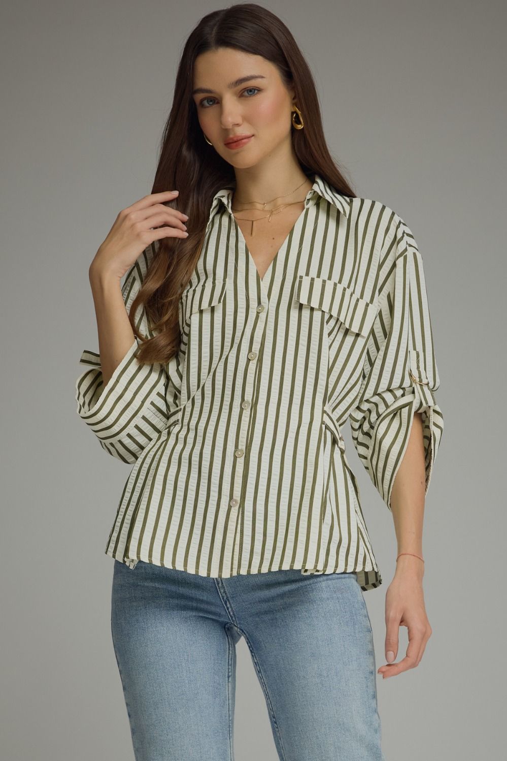 Green Stripe Adjustable Waist Button Down