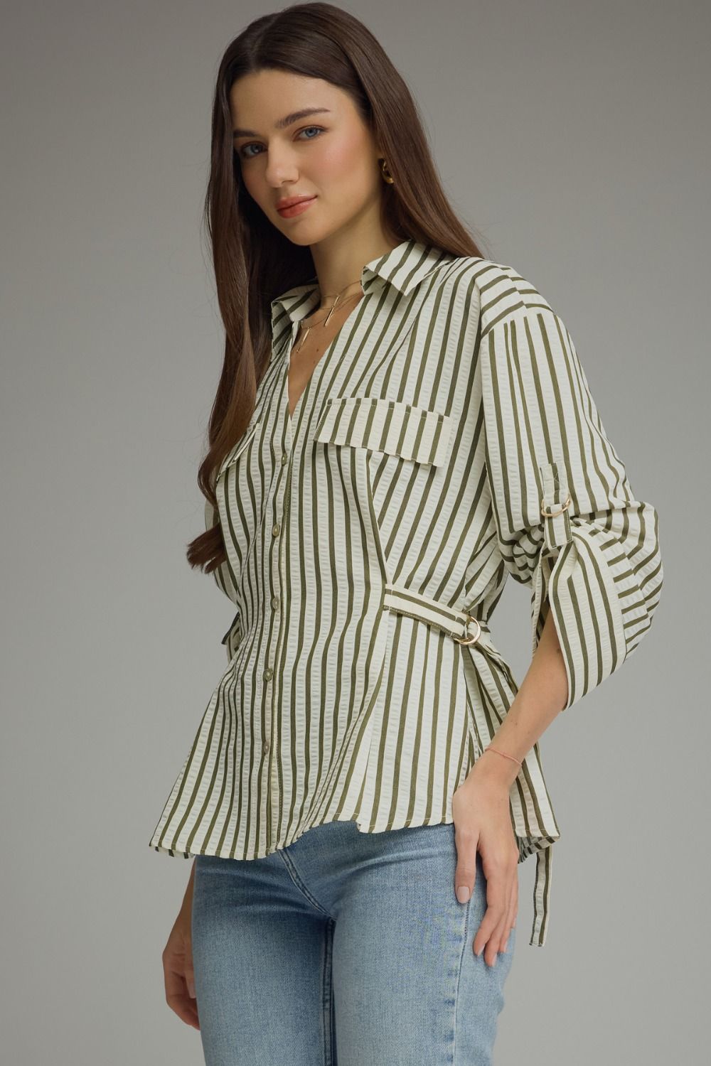 Green Stripe Adjustable Waist Button Down