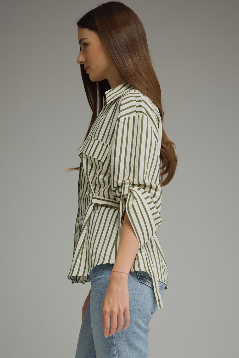 Green Stripe Adjustable Waist Button Down