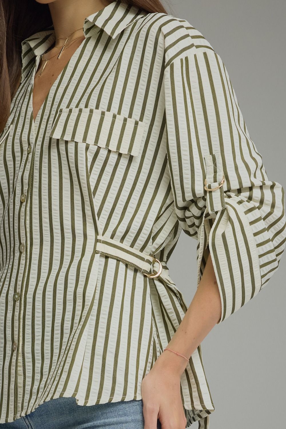 Green Stripe Adjustable Waist Button Down