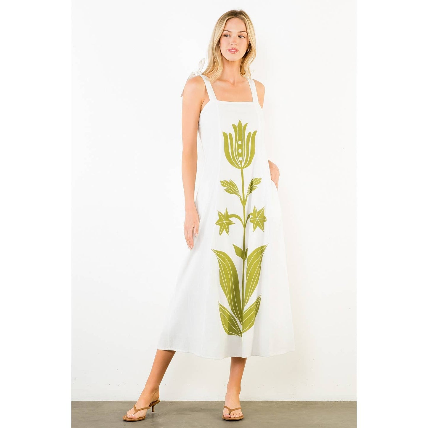 Tie Strap Square Neck Print Midi Dress