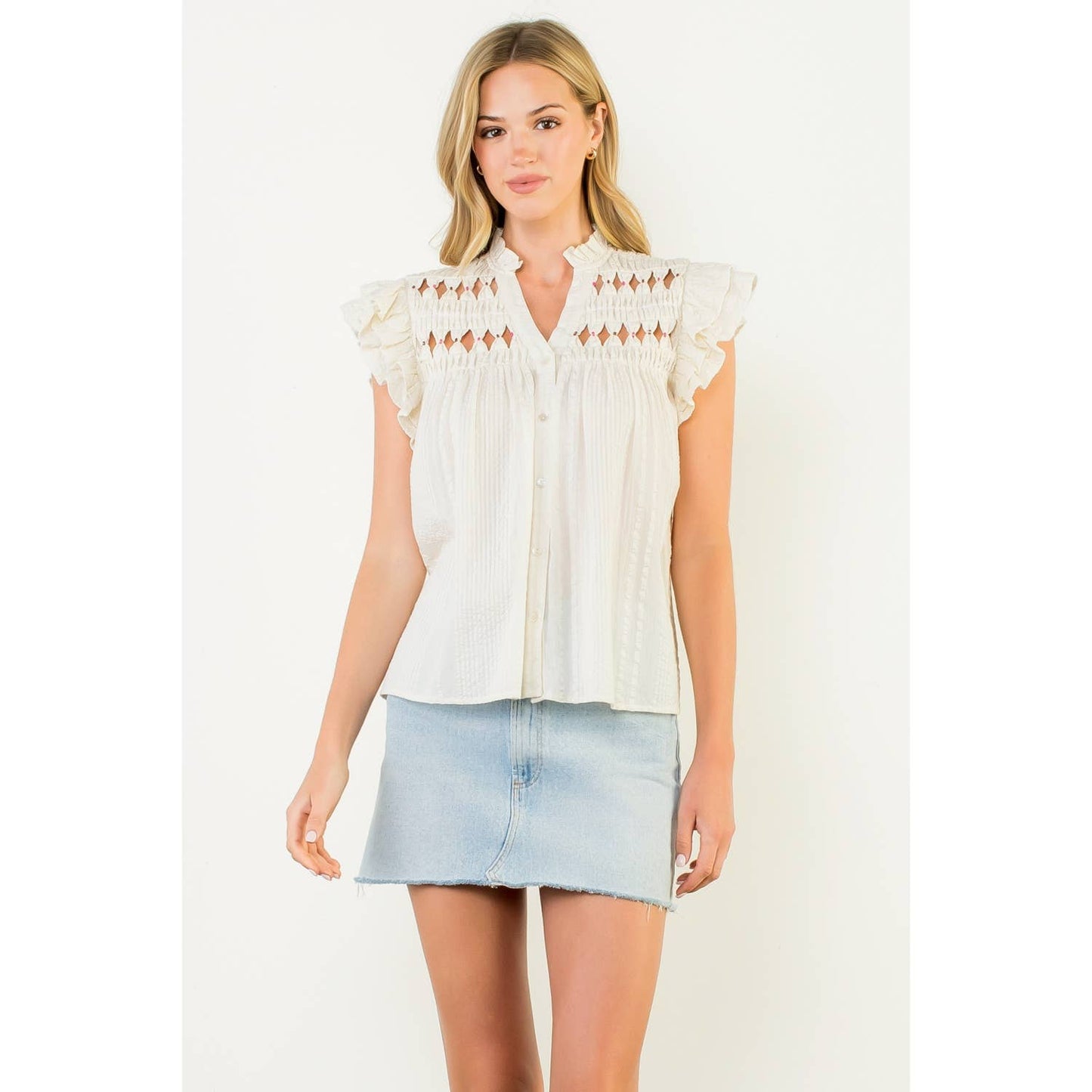Embroidered Cutout Ruffle Sleeve Button Top