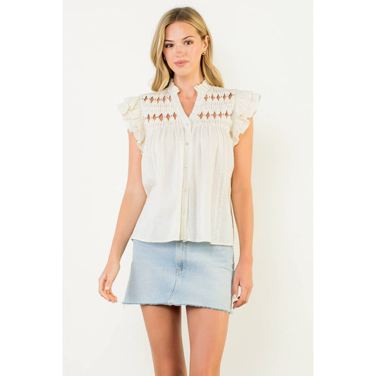 Embroidered Cutout Ruffle Sleeve Button Top