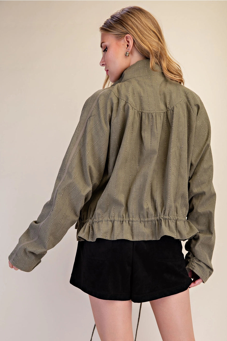 Double Zipper Funnel Neck Jacket - Olive