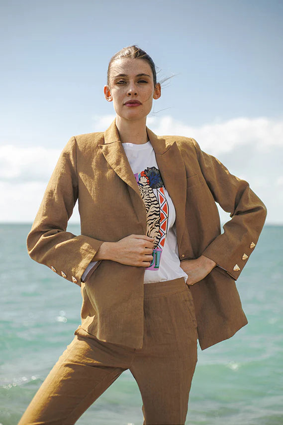 Khaki Linen Blazer w/Tiger Buttons